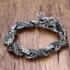 Ethnic Wind Dragon Bracelet – Vintage Silver-Plated Dragon Cuff Bangle for Men