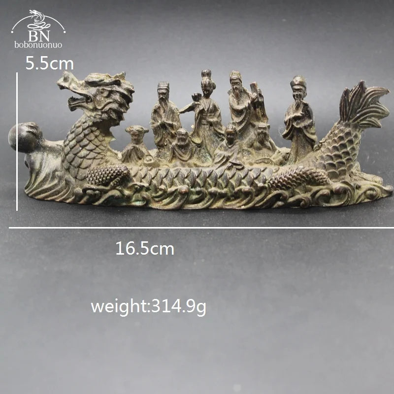 Antique Copper Dragon Boat Eight Immortals Statue – Desktop Ornament, Feng Shui Figurine & Home Decor Accessory - Image 6