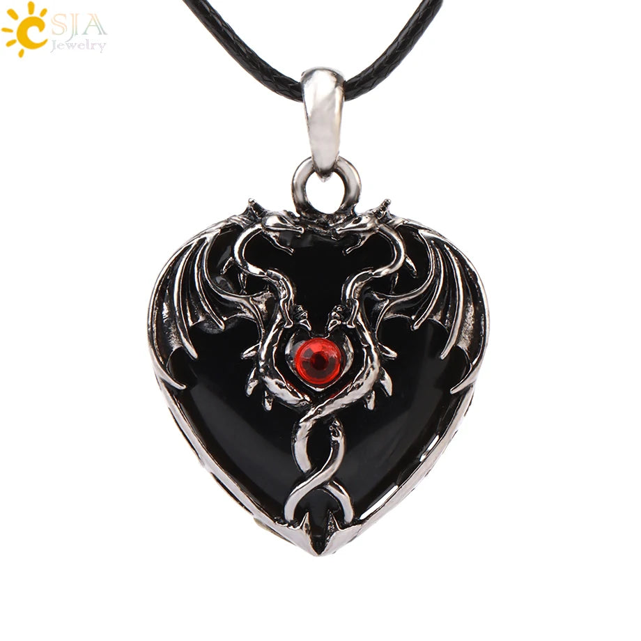 CSJA Double Dragon Necklace – Natural Stone Heart Crystal Pendant Amulet for Men & Women | Halloween Jewelry Gift H238 - Image 48