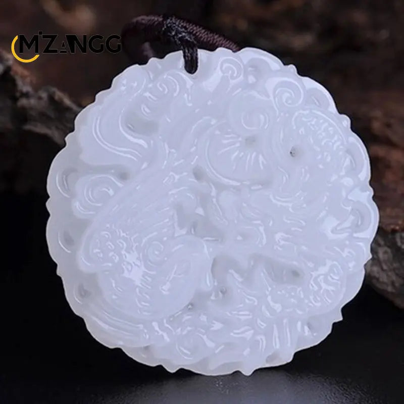 Chinese White Jade Dragon & Phoenix Pendant - Image 2