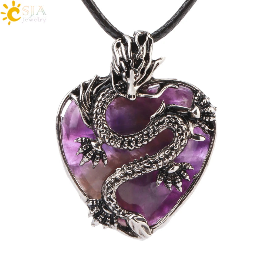CSJA Double Dragon Necklace – Natural Stone Heart Crystal Pendant Amulet for Men & Women | Halloween Jewelry Gift H238 - Image 38