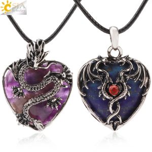 CSJA Double Dragon Necklace – Natural Stone Heart Crystal Pendant Amulet for Men & Women | Halloween Jewelry Gift H238