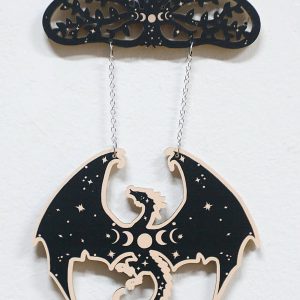 Black Wooden Dragon Mobile with Crescent Moon Phases