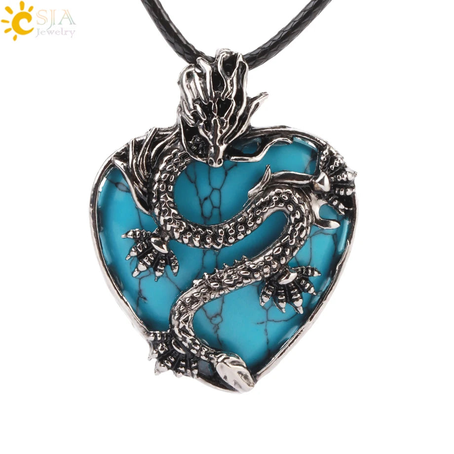 CSJA Double Dragon Necklace – Natural Stone Heart Crystal Pendant Amulet for Men & Women | Halloween Jewelry Gift H238 - Image 27