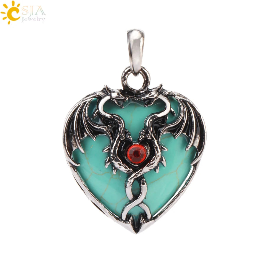 CSJA Double Dragon Necklace – Natural Stone Heart Crystal Pendant Amulet for Men & Women | Halloween Jewelry Gift H238 - Image 24