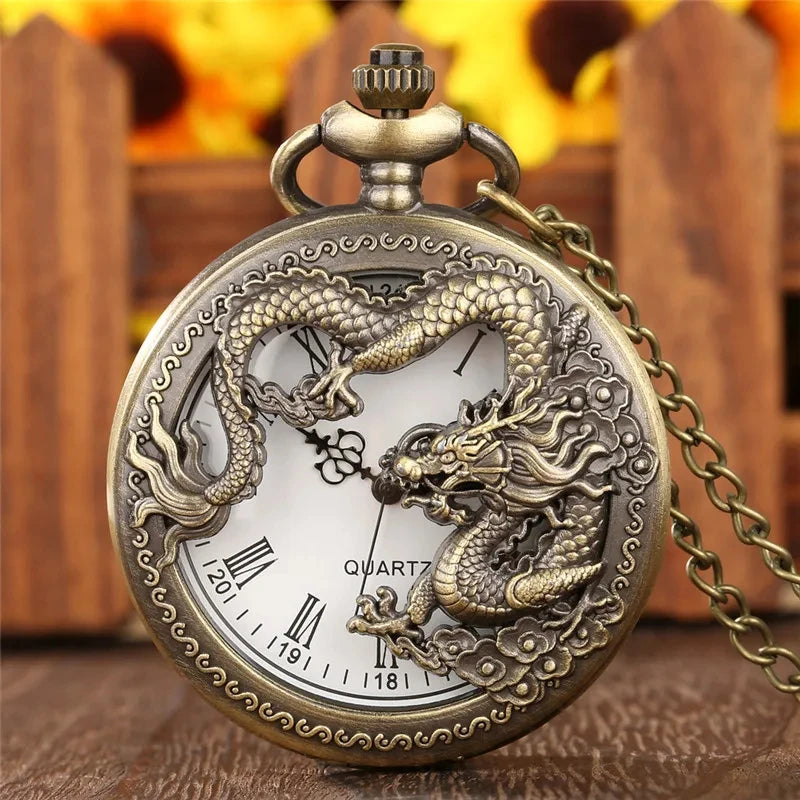 Classic Vintage Pocket Watch – Hollow Carved Chinese Dragon with Roman Numerals Dial Necklace Gift - Image 5