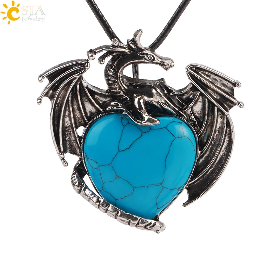 CSJA Double Dragon Necklace – Natural Stone Heart Crystal Pendant Amulet for Men & Women | Halloween Jewelry Gift H238 - Image 16