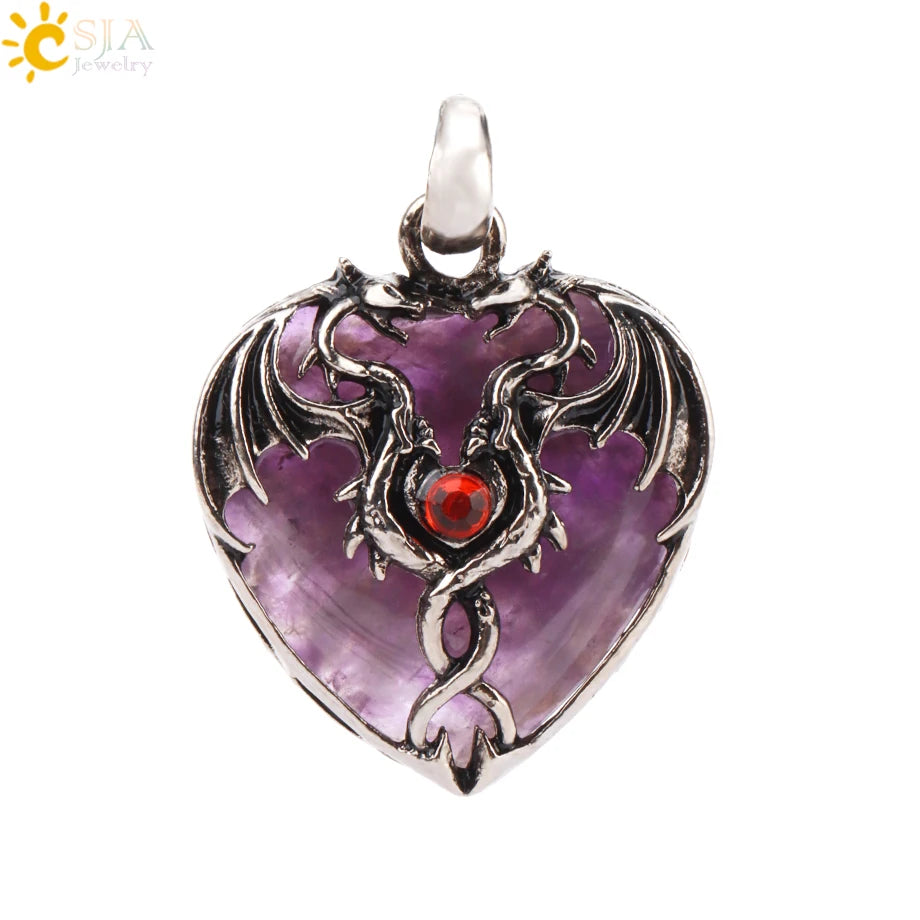 CSJA Double Dragon Necklace – Natural Stone Heart Crystal Pendant Amulet for Men & Women | Halloween Jewelry Gift H238 - Image 44