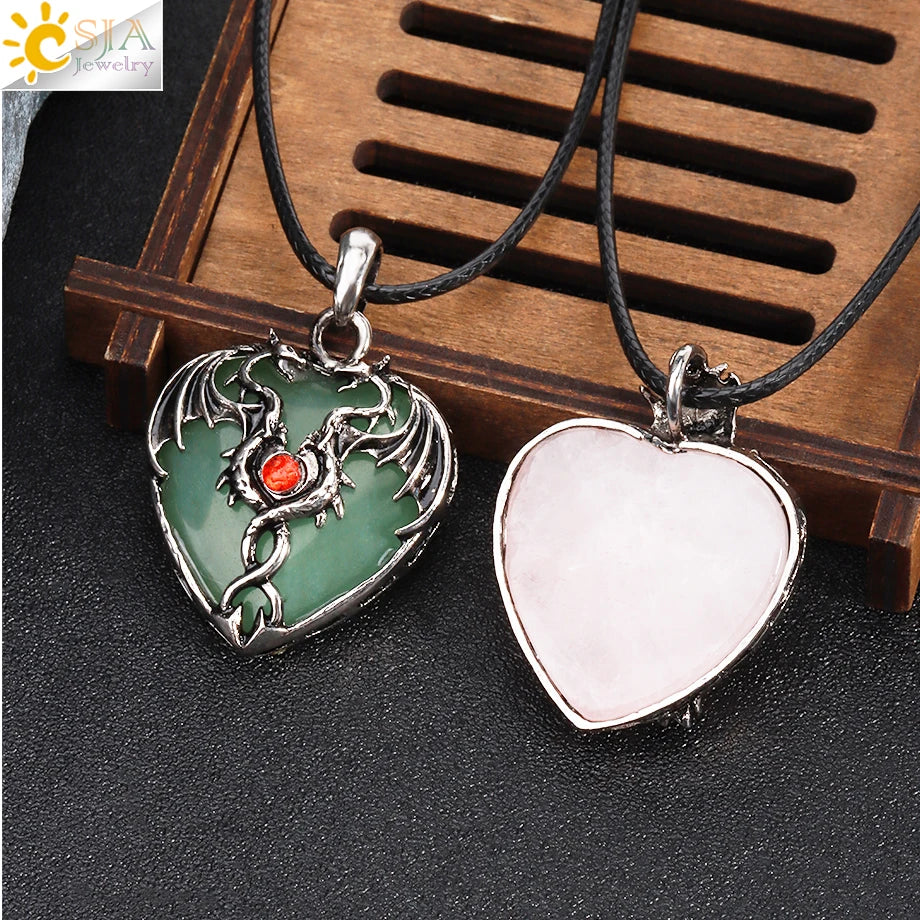 CSJA Double Dragon Necklace – Natural Stone Heart Crystal Pendant Amulet for Men & Women | Halloween Jewelry Gift H238 - Image 2