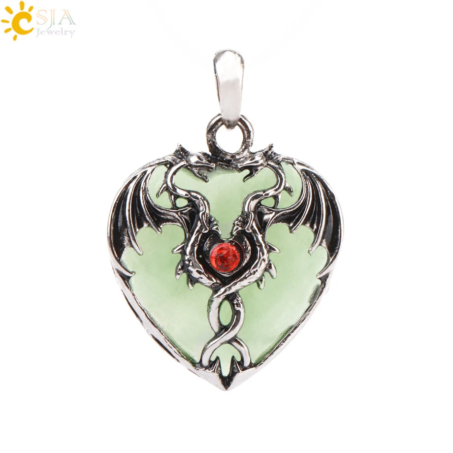 CSJA Double Dragon Necklace – Natural Stone Heart Crystal Pendant Amulet for Men & Women | Halloween Jewelry Gift H238 - Image 28
